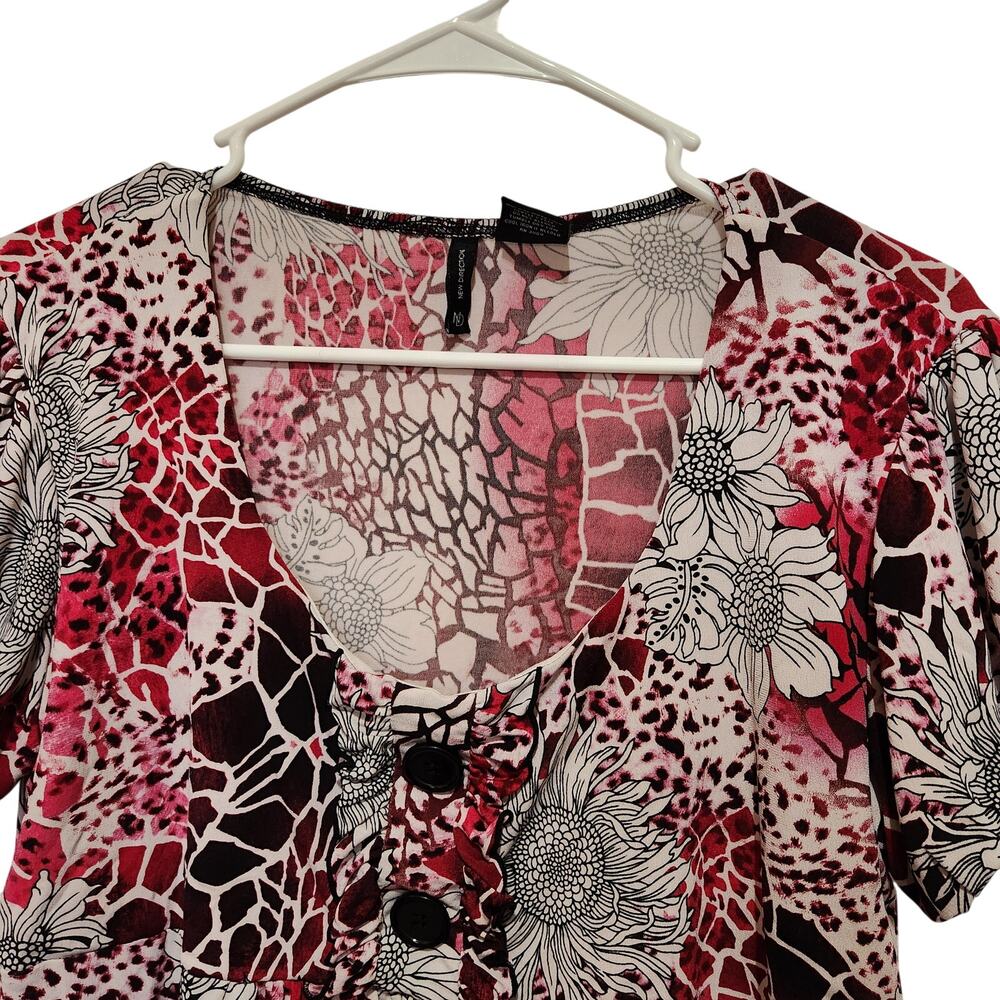 New Directions Red Floral Puff Sleeve Button Front Peasant Blouse Casual Top XL - Picture 3 of 9